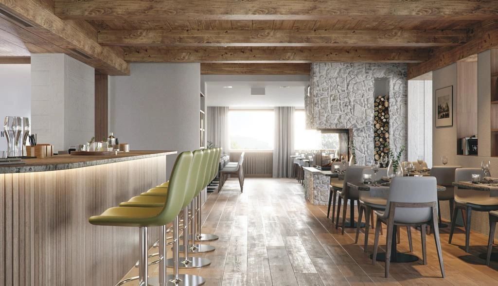 Parquet et aménagement intérieur dans un restaurant lumineux